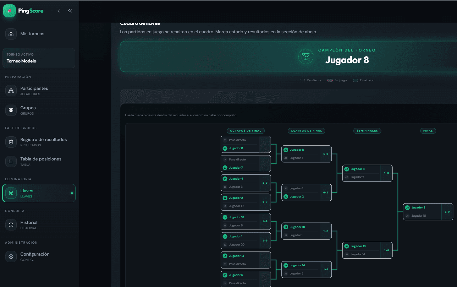 Full-screen knockout bracket view in PingScore