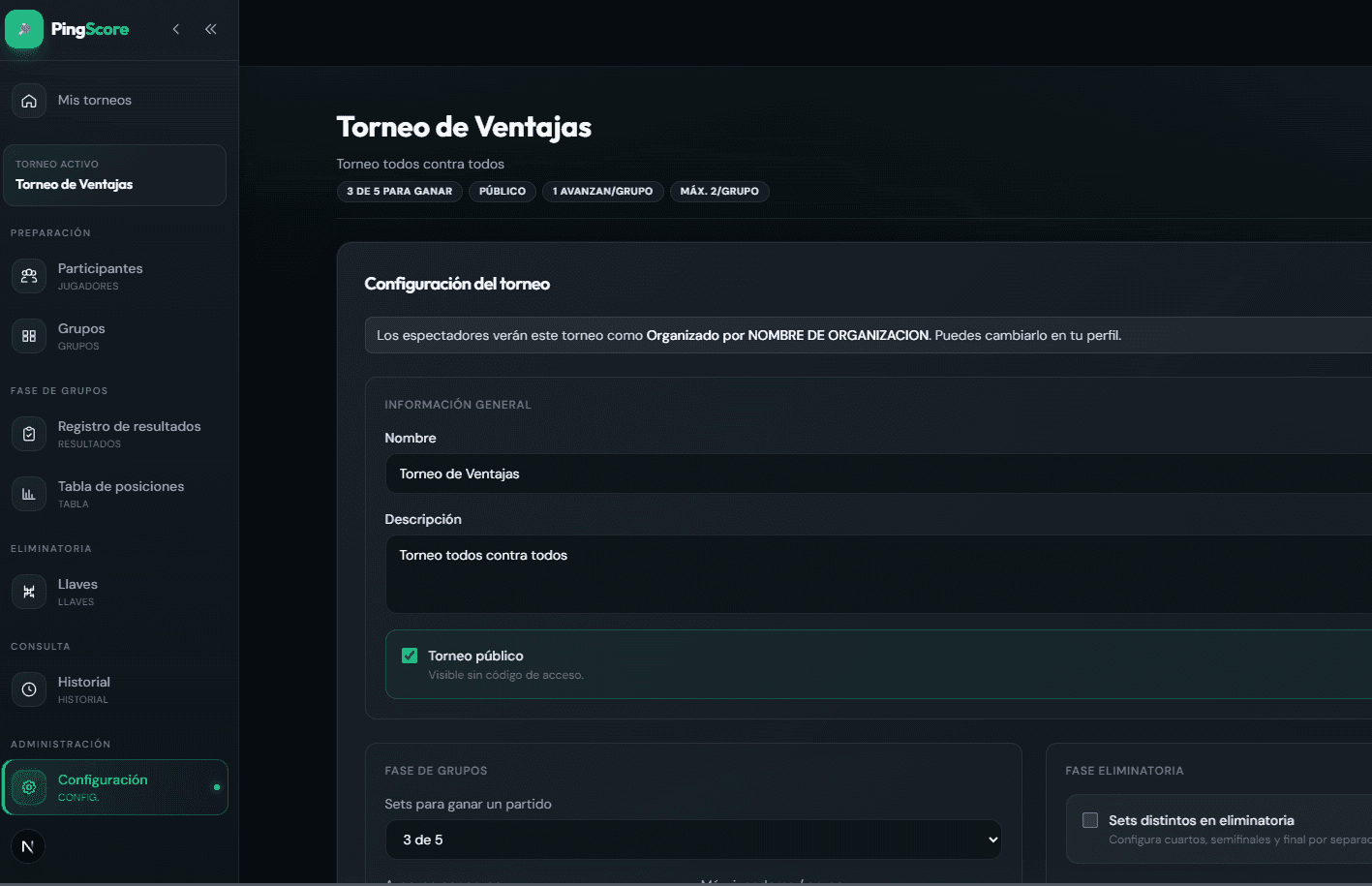 PingScore organizer dashboard in dark theme
