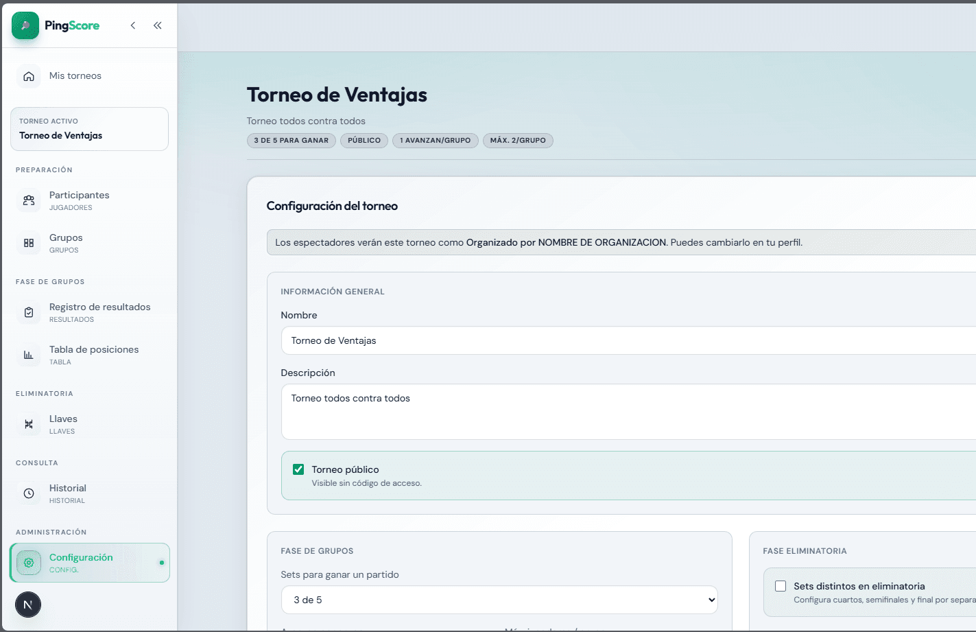 PingScore organizer dashboard in light theme