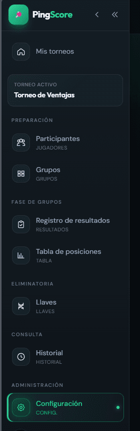 Organizer control panel with sidebar navigation in PingScore